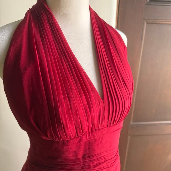 TADASHI SHOJI Red Silk Chiffon Ruffle Skirt Halter Sheath Cocktail Dress Medium - Picture 4 of 8
